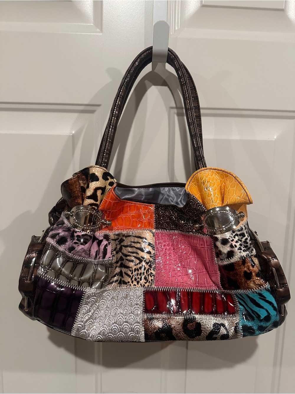 Patchwork Y2K Animals Satchel Top Handle Bag Multicolor Brown Handles Zip Silver